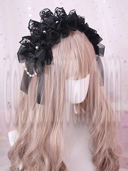 Gothic Lolita Hair Accessory Ruffle Bow Pearl Lace Black Lolita Headdress coscarnival