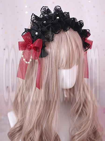 Gothic Lolita Hair Accessory Ruffle Bow Pearl Lace Black Lolita Headdress coscarnival