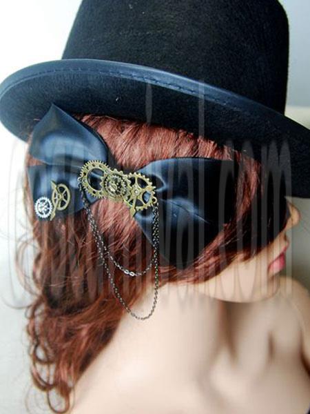Steampunk Lolita Hair Clip Satin Bow Metallic Chain Black Lolita Hair Accessory coscarnival