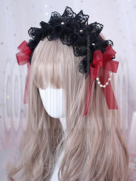 Gothic Lolita Hair Accessory Ruffle Bow Pearl Lace Black Lolita Headdress coscarnival