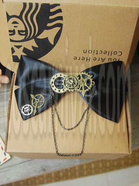 Steampunk Lolita Hair Clip Satin Bow Metallic Chain Black Lolita Hair Accessory coscarnival