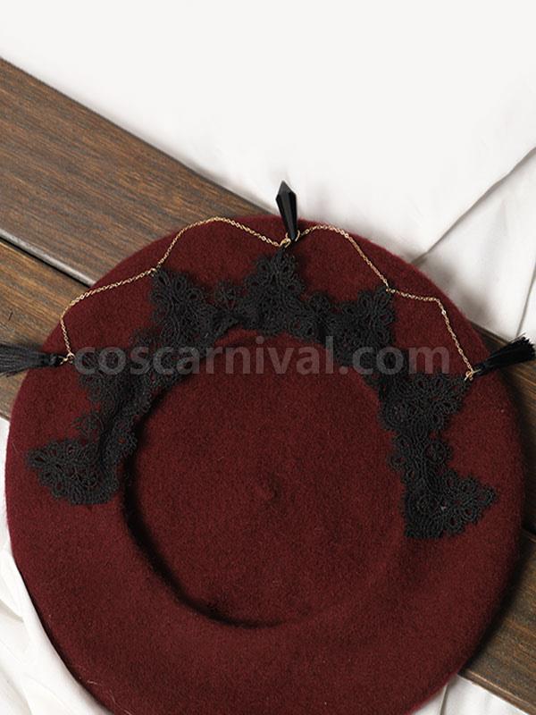 Gothic Lolita Hat Burgundy Lace?Chains Accessory Lolita Accessories coscarnival