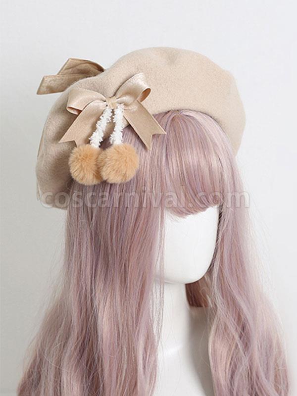 Light Apricot Lolita Hat Bows?Pom Poms Accessory Bow Polyester Lolita Accessories