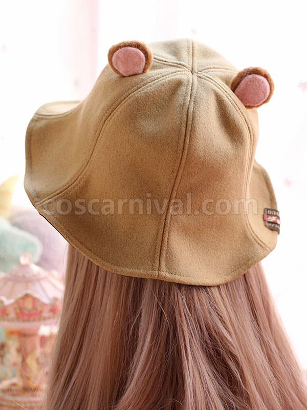 Sweet Lolita Bucket Hat Bear Ear Felt Camel Lolita Cap coscarnival