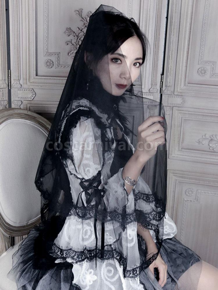 Black Bridal Veil Lace Tulle Halloween Cosplay Accessory coscarnival