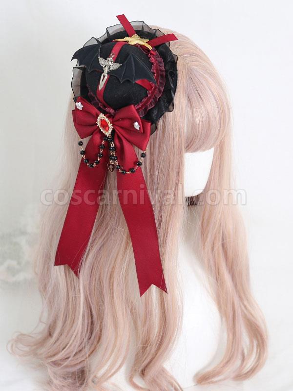 Gothic Lolita Hat Burgundy Ruffles?Chains Accessory Lolita Accessories coscarnival