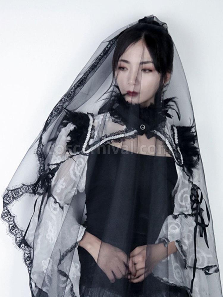 Black Bridal Veil Lace Tulle Halloween Cosplay Accessory coscarnival