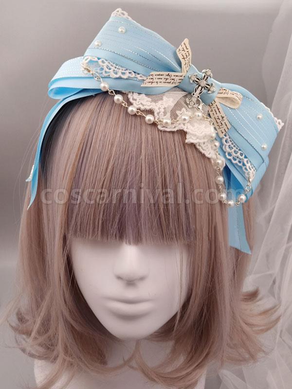 Classic Lolita Headband Metallic Design Lace Pearl Ruffle Bow Lolita Hair Accessory coscarnival