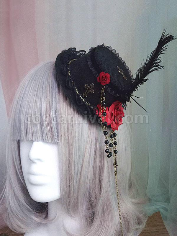 Gothic Lolita Hair Accessory Flower Pearl Chain Feather Black Lolita Hat coscarnival