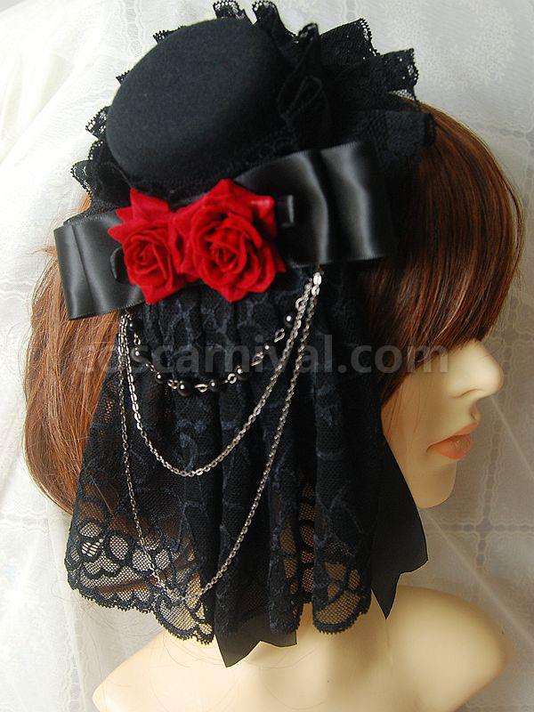 Gothic Lolita Headdress Lace Ruffle Floral Bow Metallic Chain Two Tone Lolita Hair Accessory coscarnival