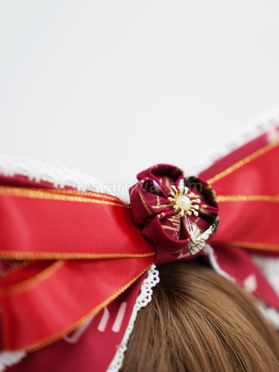 Chinese Style Lolita Headdress Red Lace Polyester Fiber Accessory Flowers Lolita Headband coscarnival