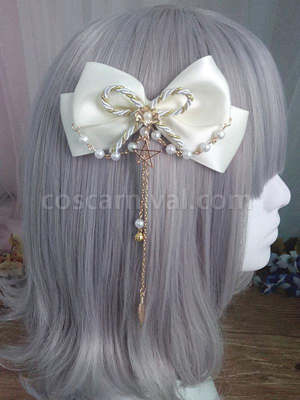Sweet Lolita Hair Clip Bow Pearl Beel Chain Satin Lolita Hair Accessory coscarnival