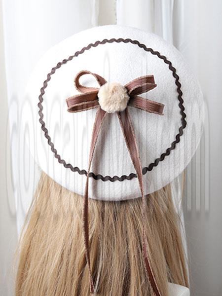 Sweet Lolita Beret Bow Pom Pom Wool Lolita Hat coscarnival