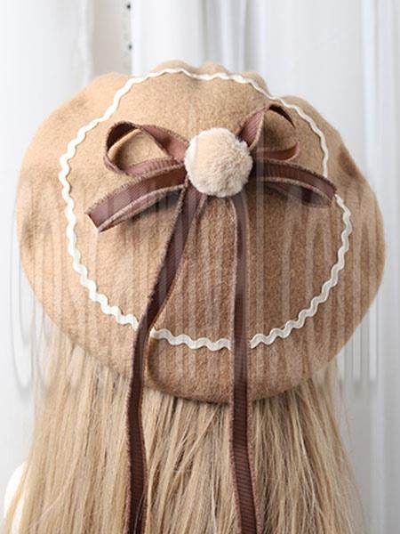 Sweet Lolita Beret Bow Pom Pom Wool Lolita Hat coscarnival