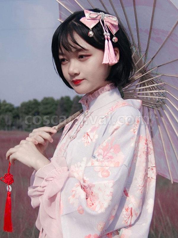 Wa Lolita Headdress Pink Linen Cotton Blend Fringe?Bows?Flowers Sakura Pattern?Animal Print Headwear Lolita Headband coscarnival