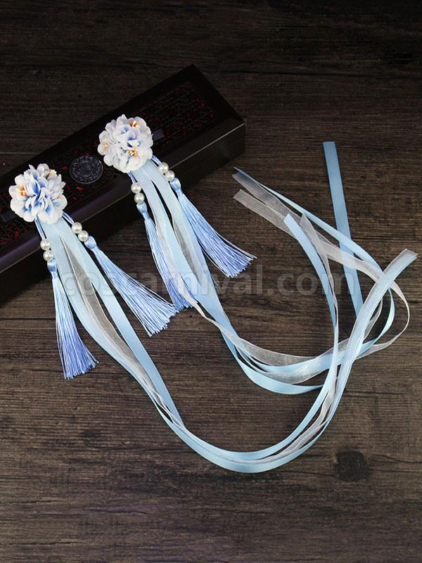 Han Lolita Headdress Chinese Style Fringe Flowers Ribbons Lolita Hair Accessories coscarnival