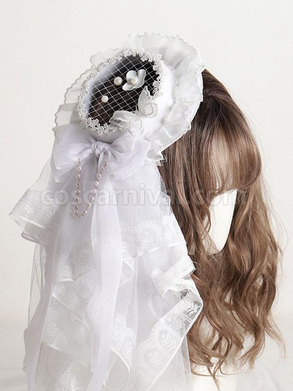 Butterfly Lolita Hat Accessory Polyester Ecru White Lolita Accessories coscarnival