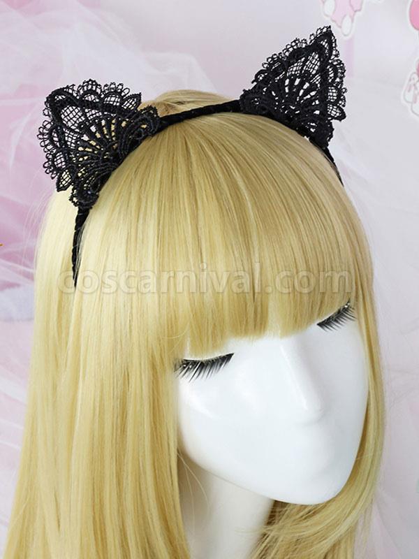 Sweet Lolita Hair Clip Cat Ears Lace Black Lolita Headdress coscarnival