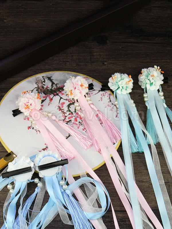 Han Lolita Headdress Chinese Style Fringe Flowers Ribbons Lolita Hair Accessories coscarnival