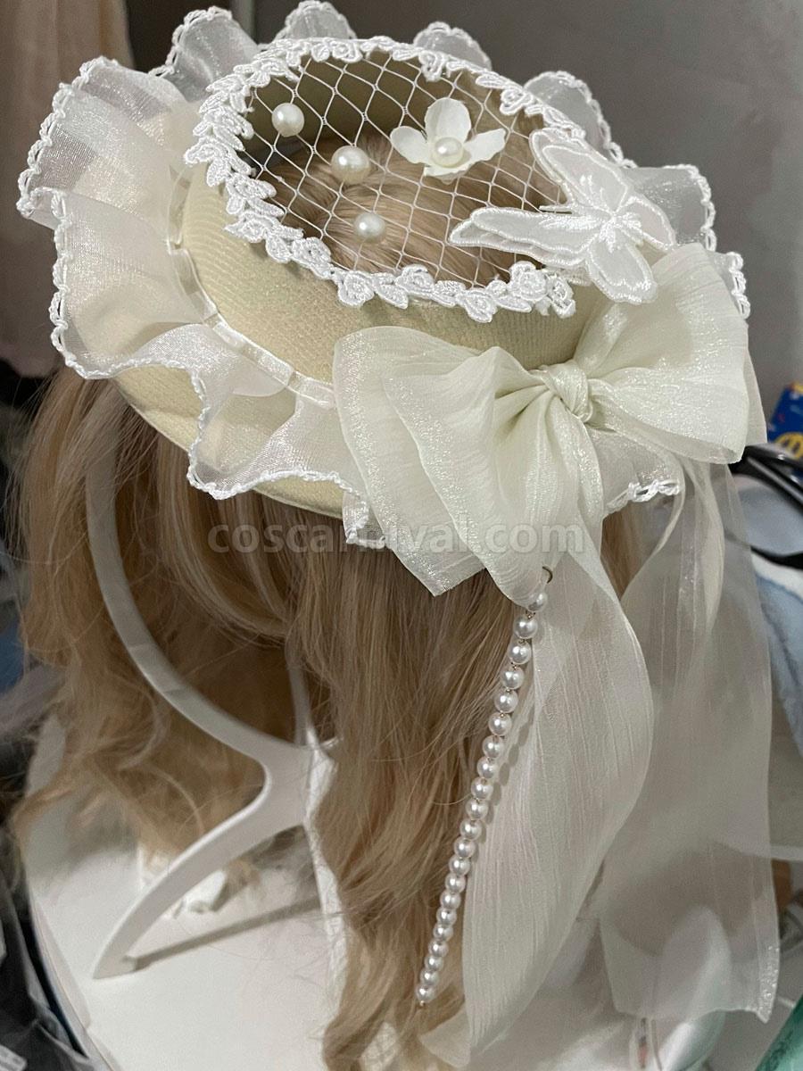 Butterfly Lolita Hat Accessory Polyester Ecru White Lolita Accessories coscarnival