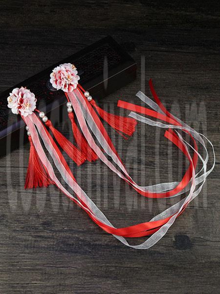 Han Lolita Headdress Chinese Style Fringe Flowers Ribbons Lolita Hair Accessories coscarnival