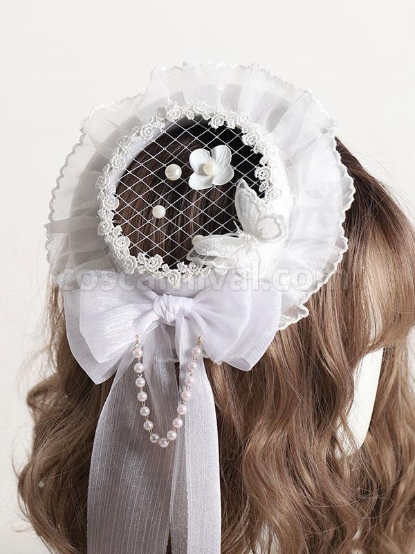 Butterfly Lolita Hat Accessory Polyester Ecru White Lolita Accessories coscarnival