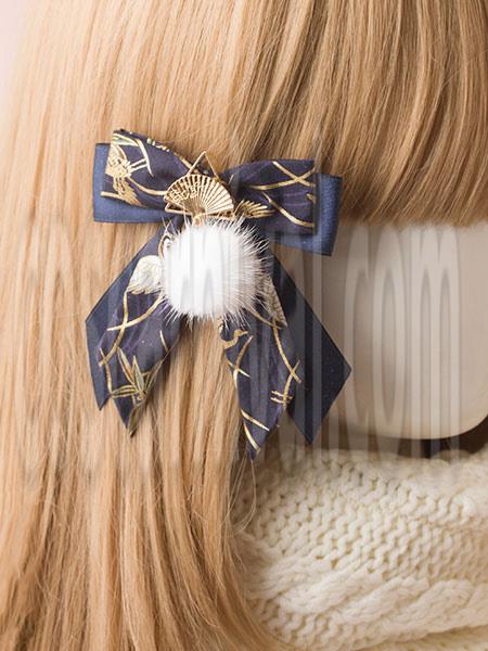 Kimono Lolita Hair Clip Pom Pom Bow Fan Blue Lolita Hairpin