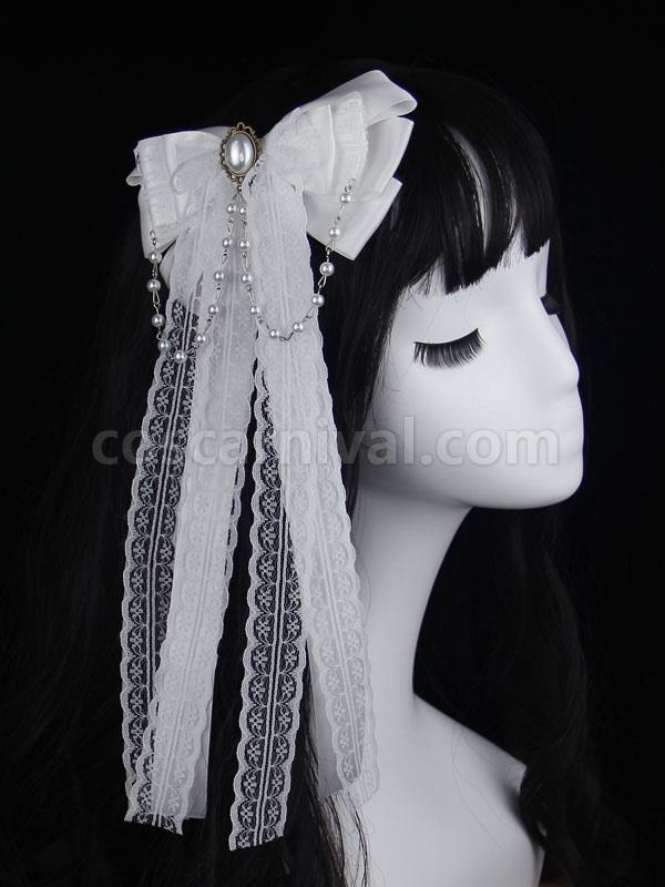 White Lolita Headdress Polyester Bows?Lace?Pearls Bow Accessory Headwear Lolita Hair Accessories coscarnival