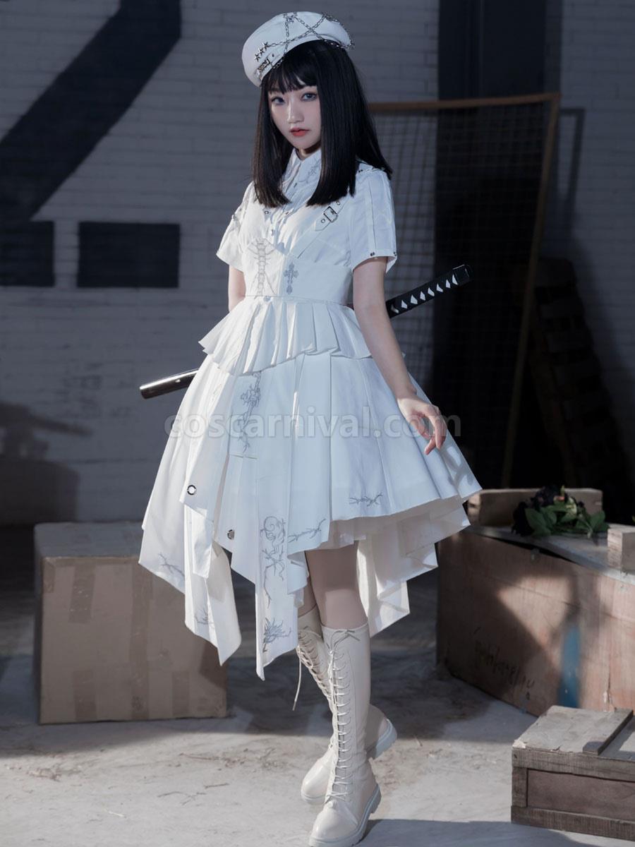 Army Lolita Hat White Fringe Accessory Stars Print PU Leather Lolita Accessories coscarnival