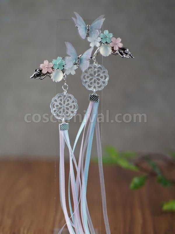 Chinese Style Lolita Hair Pin Blue Butterfly Flowers Ribbons Han Lolita Headwear coscarnival