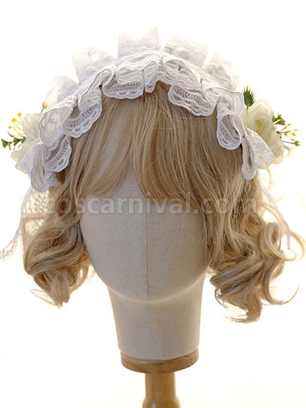 Sweet Lolita Headdress White Lace Flower Headwear Lolita Hair Accessories coscarnival