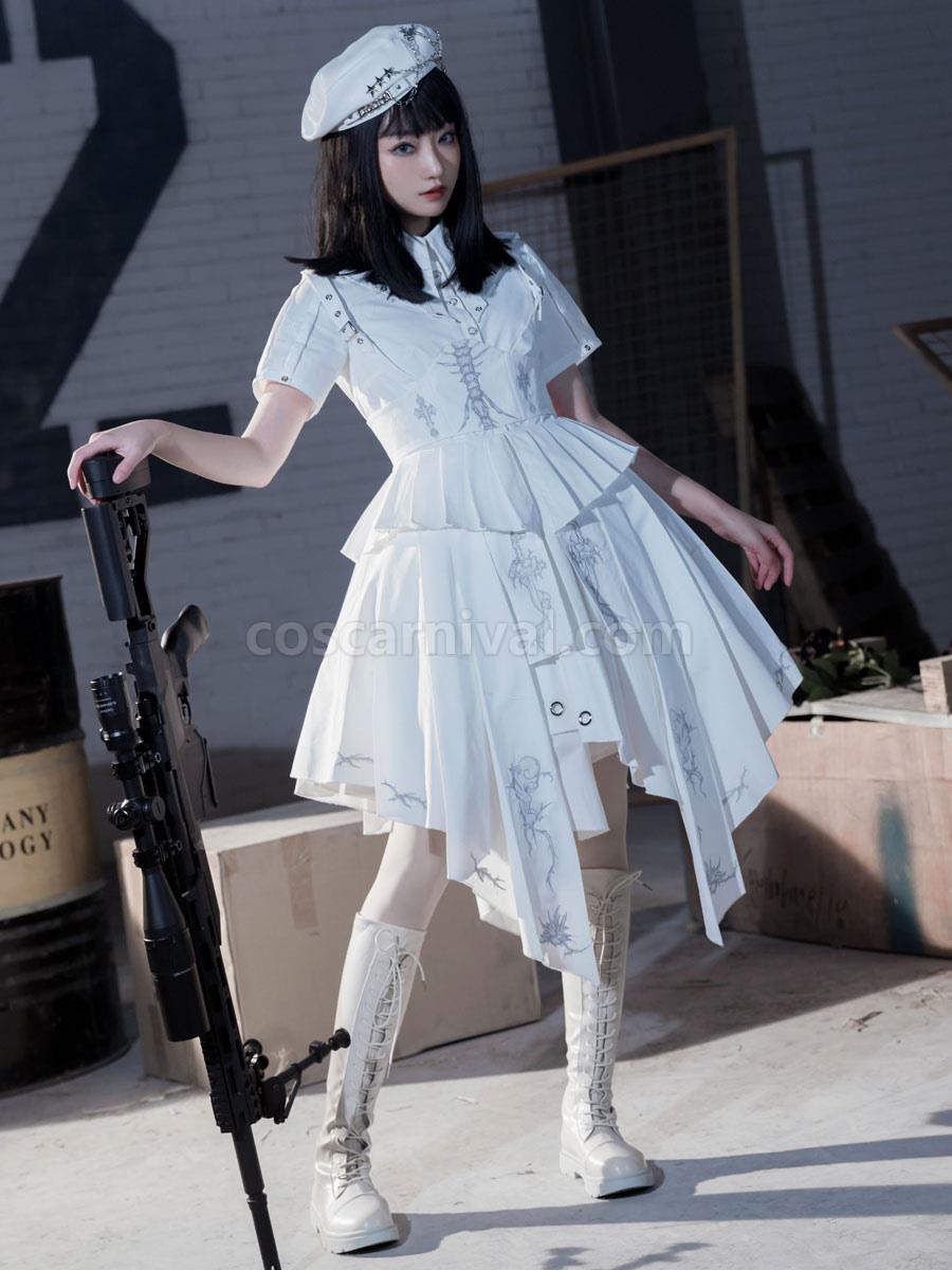 Army Lolita Hat White Fringe Accessory Stars Print PU Leather Lolita Accessories coscarnival