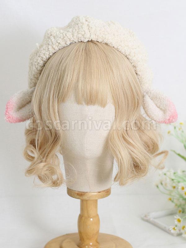 Sweet Lolita Hat Sheep Ears Polyester Pink Crochet Hat coscarnival