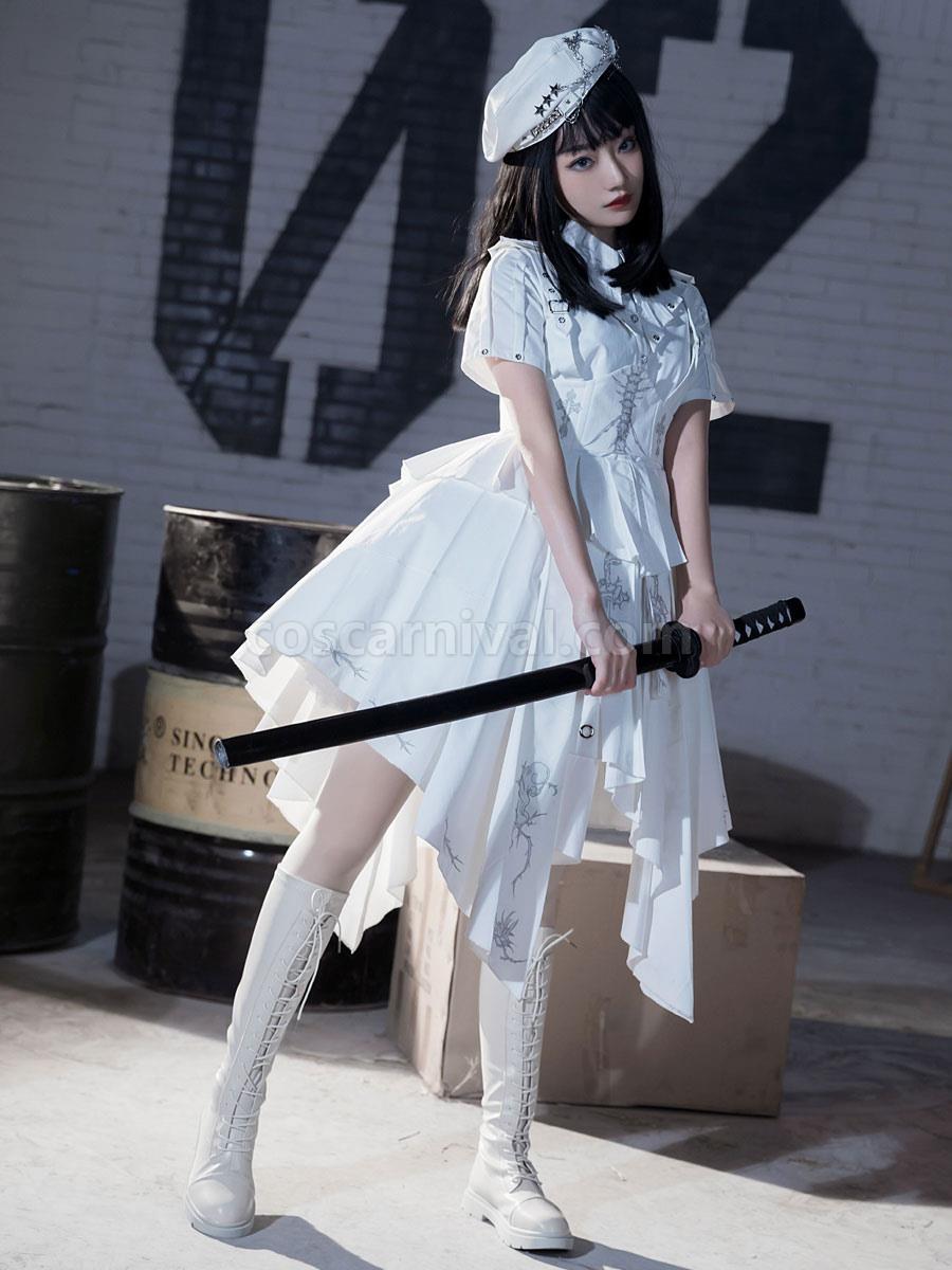 Army Lolita Hat White Fringe Accessory Stars Print PU Leather Lolita Accessories coscarnival