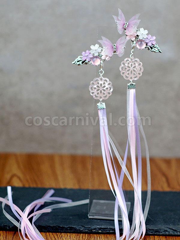 Chinese Style Lolita Hair Pin Blue Butterfly Flowers Ribbons Han Lolita Headwear coscarnival