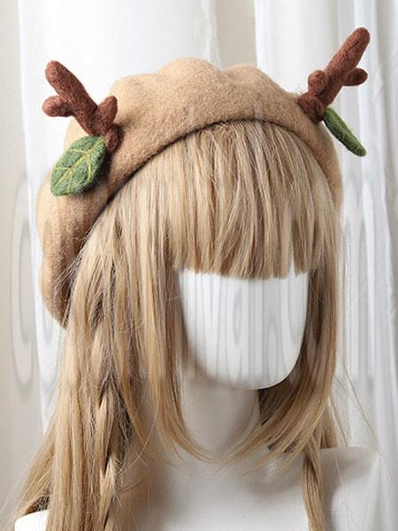 Sweet Lolita Beret Reindeer Leaf Tan Wool Lolita Hat