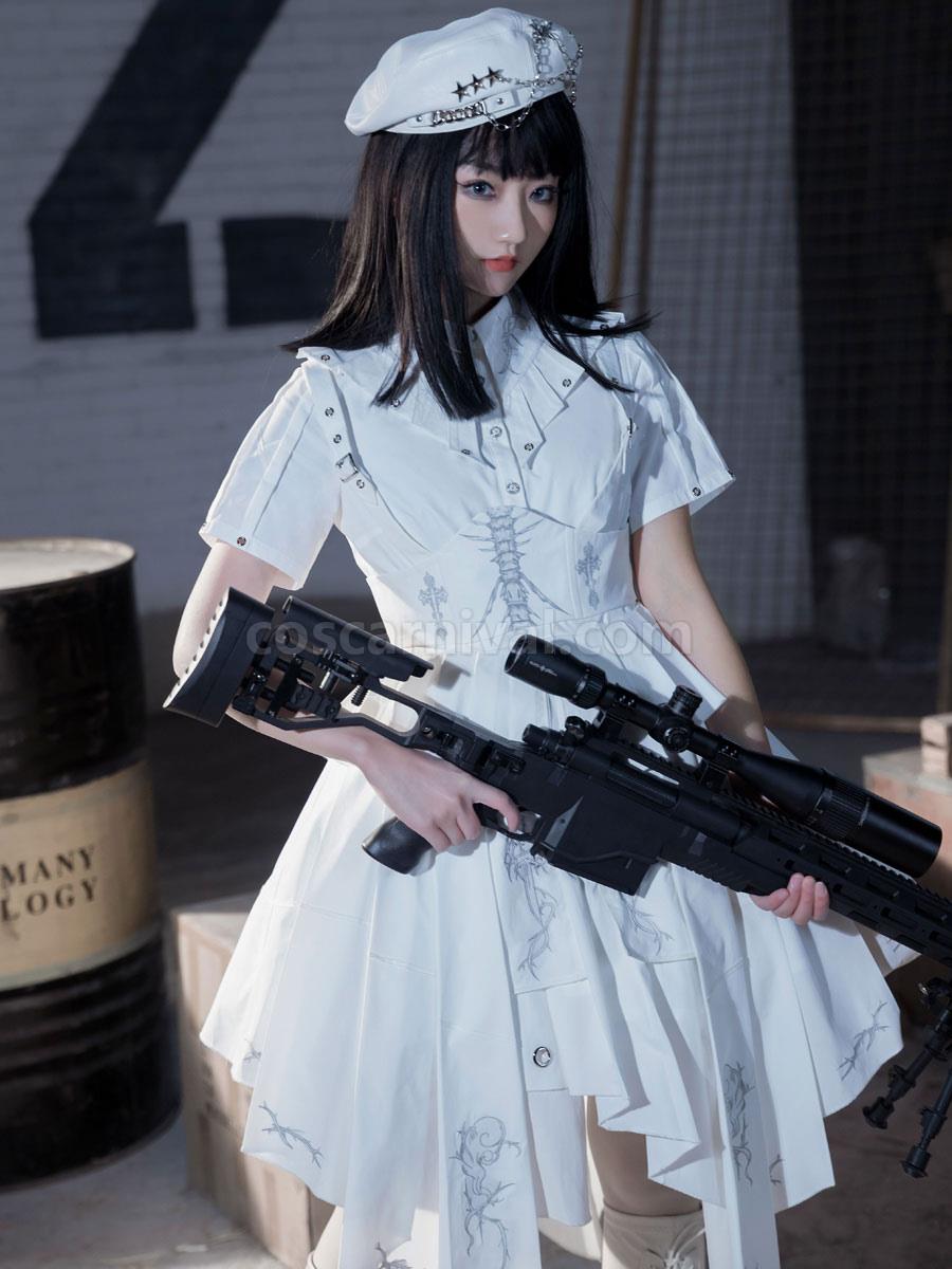 Army Lolita Hat White Fringe Accessory Stars Print PU Leather Lolita Accessories coscarnival