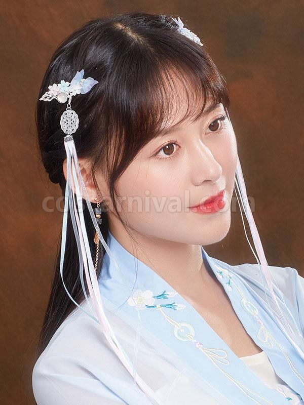 Chinese Style Lolita Hair Pin Blue Butterfly Flowers Ribbons Han Lolita Headwear coscarnival