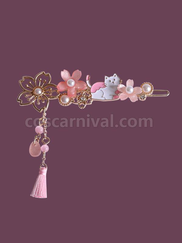 Wa Lolita Headdress Pink Sakura Pattern?Cat Metal Headwear Flowers?Pearls Lolita Hair Accessories