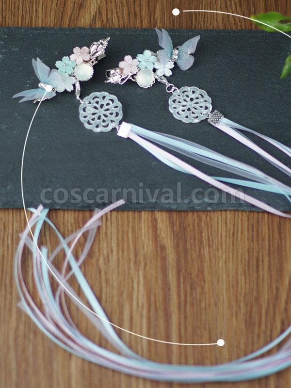 Chinese Style Lolita Hair Pin Blue Butterfly Flowers Ribbons Han Lolita Headwear coscarnival