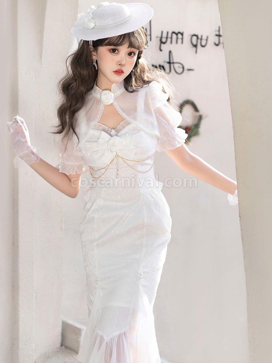 Chinese Style Lolita Hat Bows?Pearls Accessory Woven Cotton Linen White Lolita Accessories coscarnival