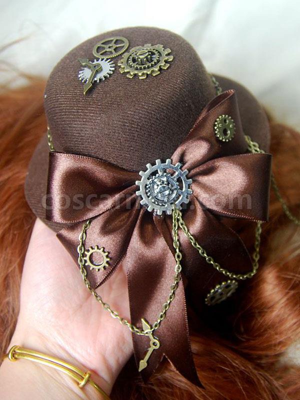 Steampunk Lolita Hat Tweed Satin Bow Metallic Chain Dark Brown Lolita Hair Accessory coscarnival