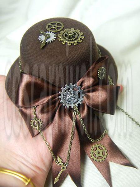 Steampunk Lolita Hat Tweed Satin Bow Metallic Chain Dark Brown Lolita Hair Accessory coscarnival