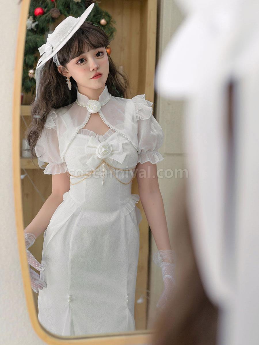Chinese Style Lolita Hat Bows?Pearls Accessory Woven Cotton Linen White Lolita Accessories coscarnival