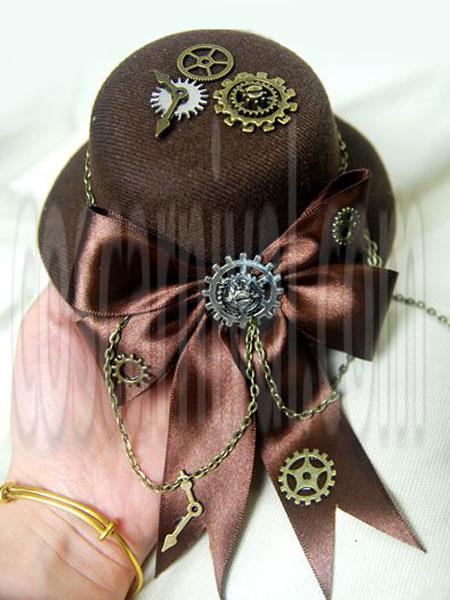 Steampunk Lolita Hat Tweed Satin Bow Metallic Chain Dark Brown Lolita Hair Accessory coscarnival