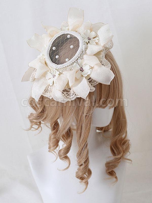 Pastoral?Style Lolita Hat Pearls?Flowers Lace Polyester Ivory Lolita Hats coscarnival
