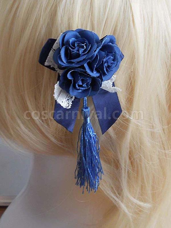 Qi Lolita Headband Blue Flower Bows Two-Tone Sweet Headgear With Fringe coscarnival