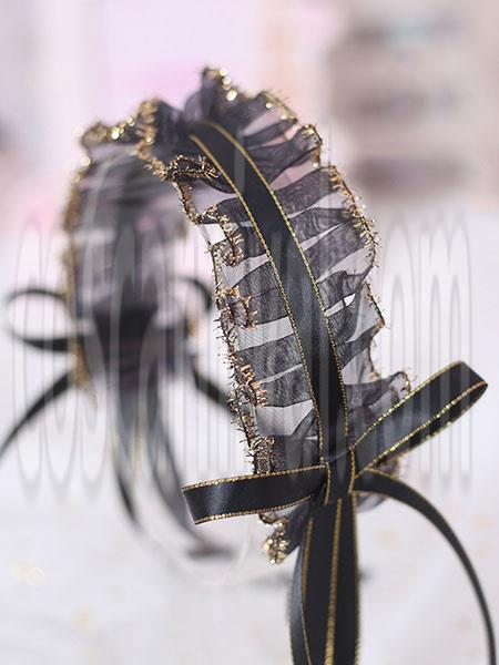 Classic Lolita Headdress Ruffle Lace Bow Black Lolita Hair Accessory coscarnival