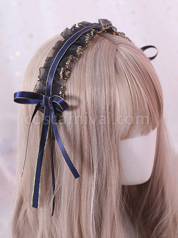 Classic Lolita Headdress Ruffle Lace Bow Black Lolita Hair Accessory coscarnival