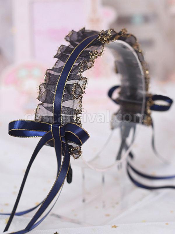 Classic Lolita Headdress Ruffle Lace Bow Black Lolita Hair Accessory coscarnival